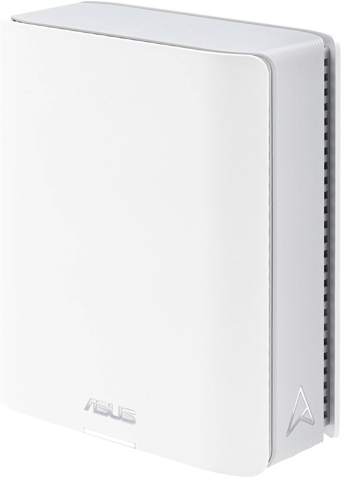 Un router ASUS bianco con fessure di ventilazione verticali sul lato e il logo ASUS posizionato centralmente sul davanti.