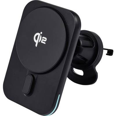 Caricabatterie wireless da fissare sul cruscotto dell'auto, nero, con logo 'qi2' sulla parte anteriore.