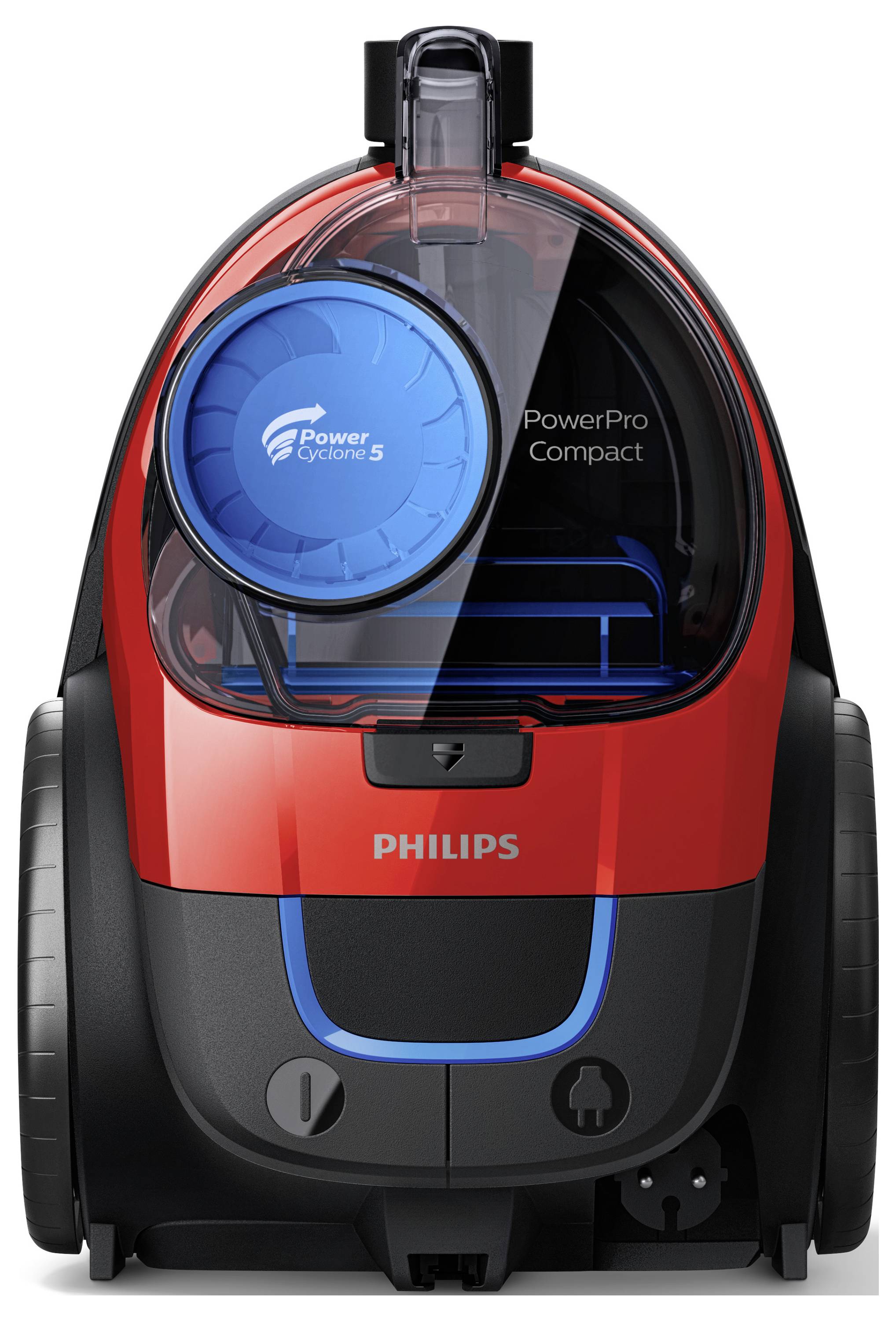 Aspirapolvere in rosso e nero con etichetta tecnologica 'PowerPro Compact' e 'PowerCyclone 5' del marchio Philips.