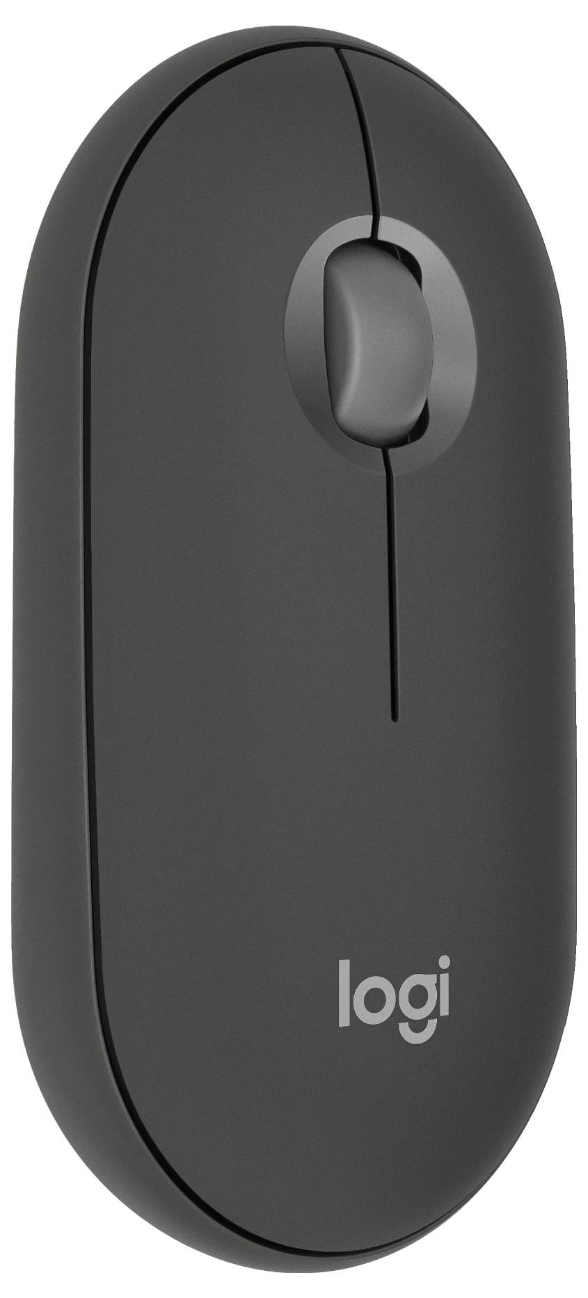 Mouse nera wireless con rotella di scorrimento e due pulsanti. Logo 'logi' nella parte inferiore. Adatta all'uso con PC.
