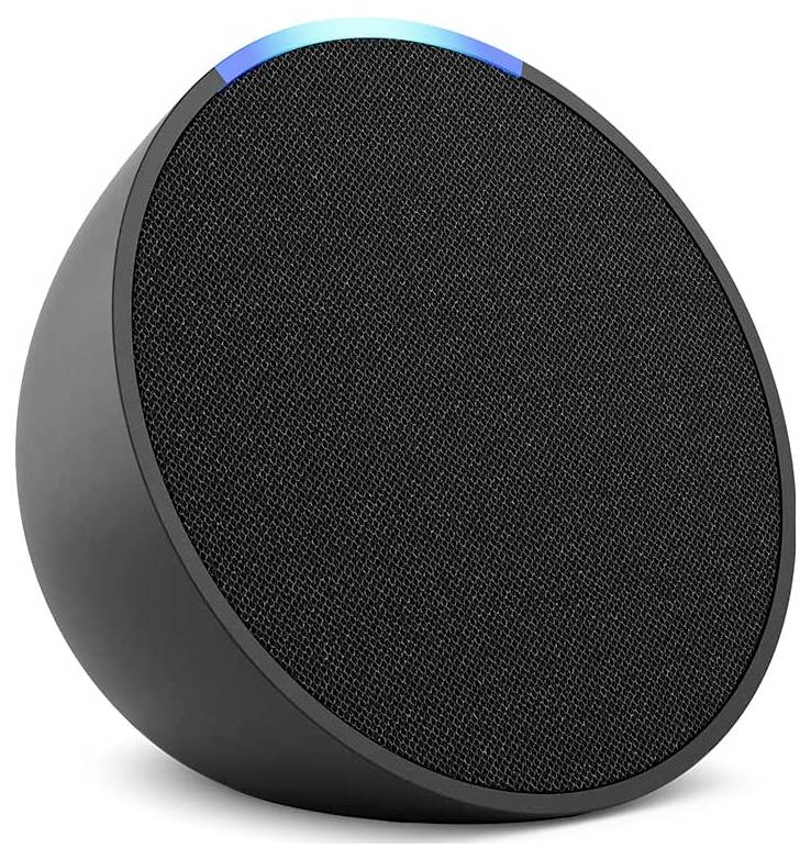 Un altoparlante rotondo nero con un bordo blu illuminato, leggermente inclinato verso dietro, su uno sfondo bianco.