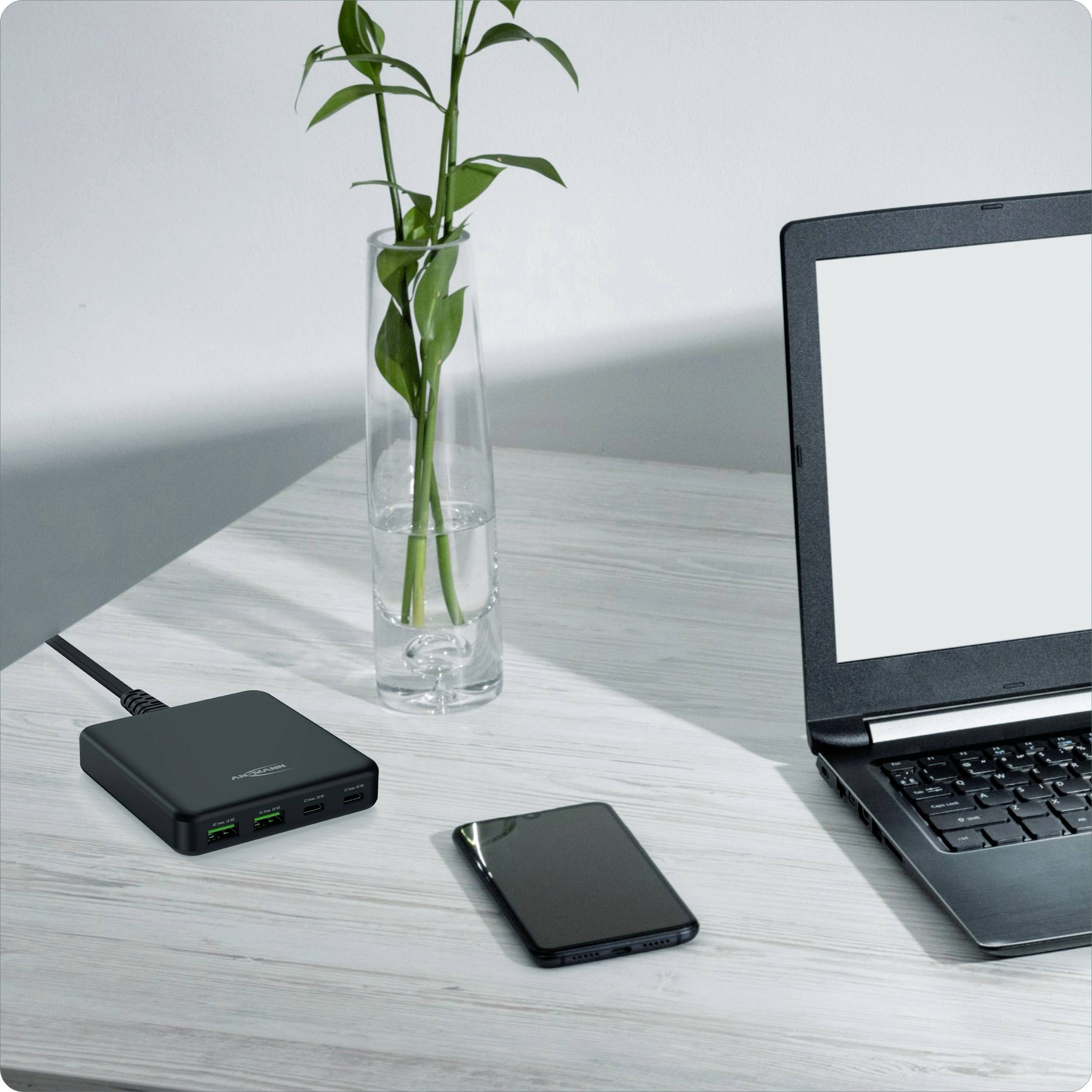 Un laptop su una scrivania accanto a un vaso con piante, uno smartphone e un hub USB.