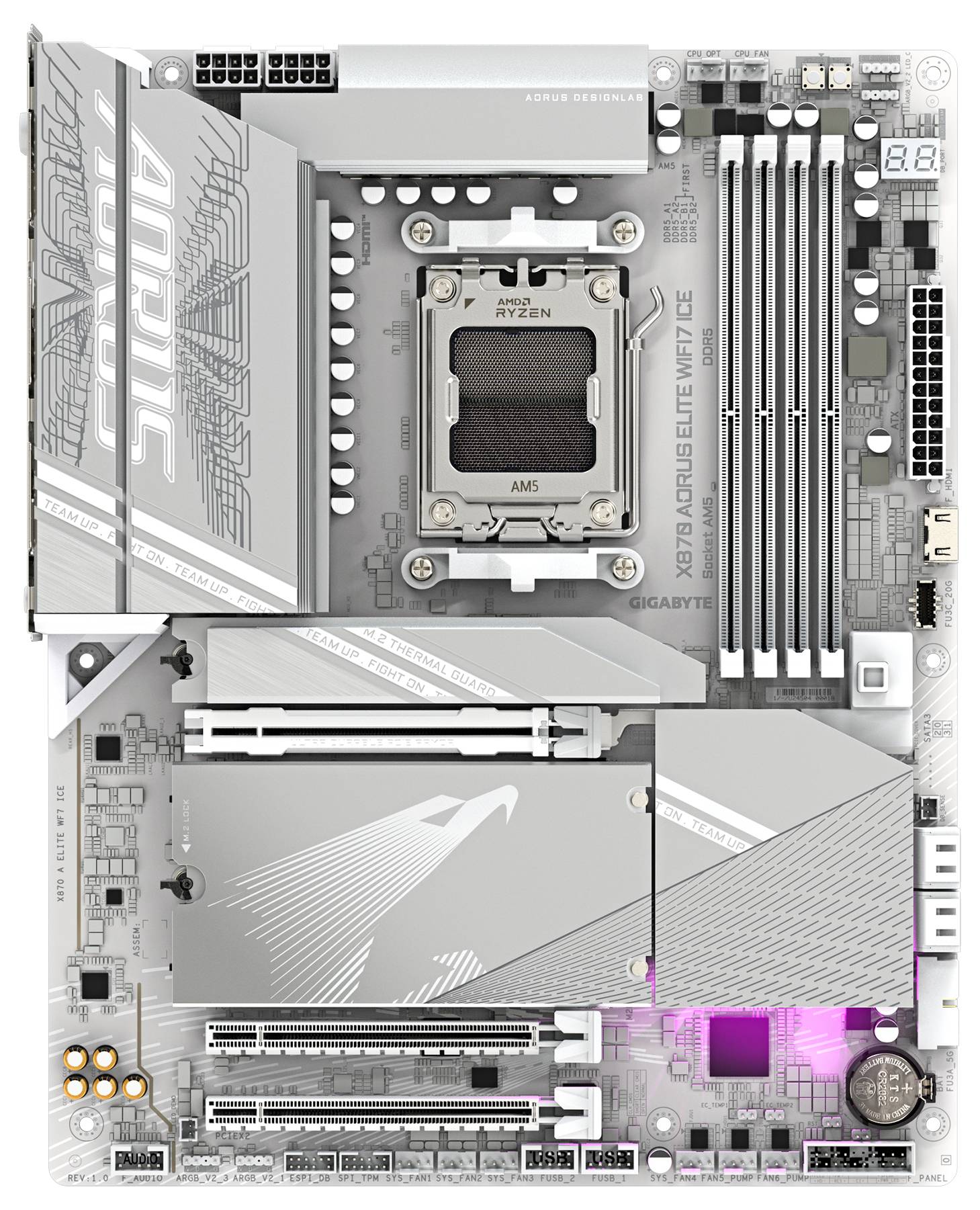 Scheda madre grigia con il nome 'AORUS' nell'angolo in alto a sinistra e un grande socket CPU al centro. Visibili diversi slot di espansione.