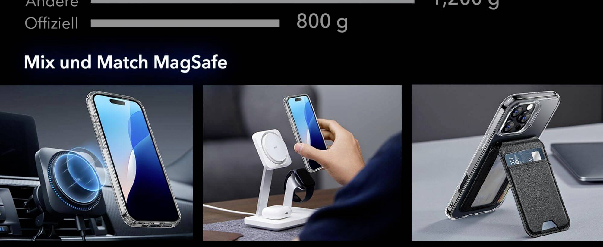 'Tre immagini mostrano accessori per uno smartphone: un supporto per auto wireless, una stazione di ricarica da tavolo e un portafoglio magnetico.'