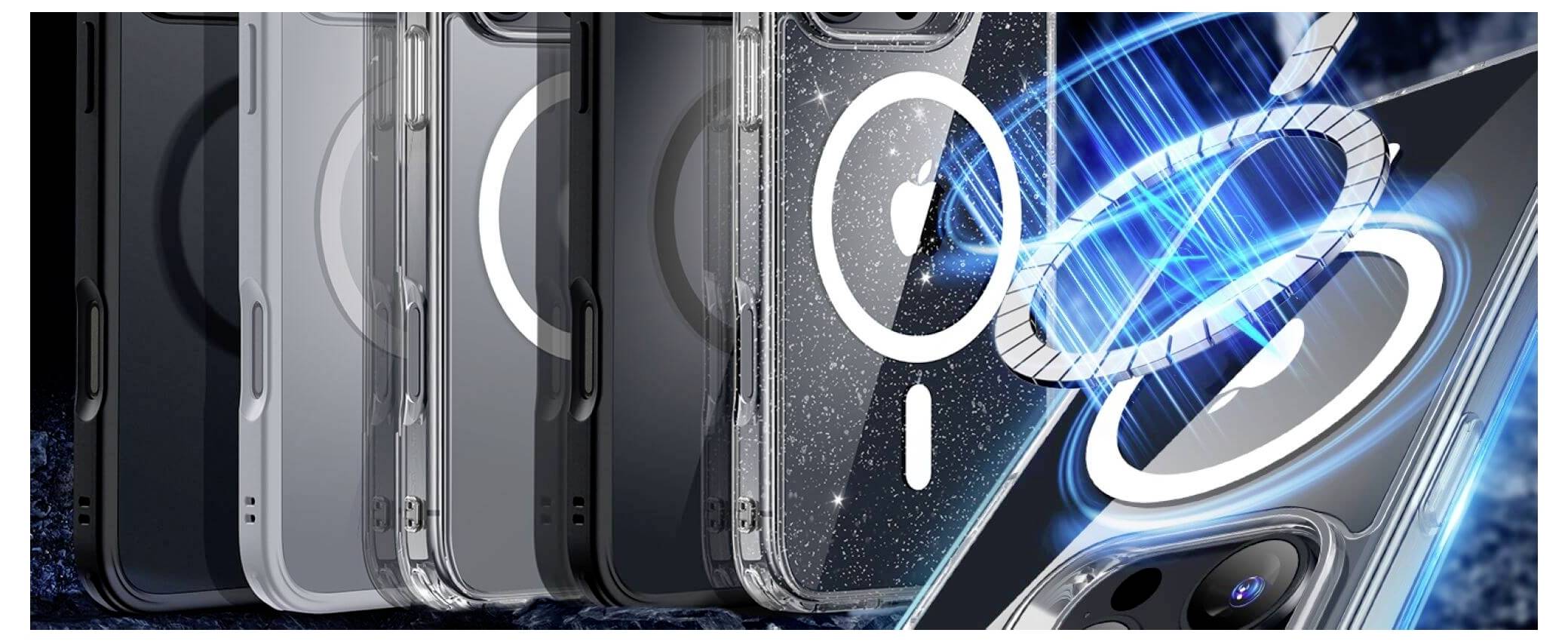 Diverse retri di smartphone con custodie trasparenti che mostrano la funzione di ricarica wireless e gli anelli magnetici.