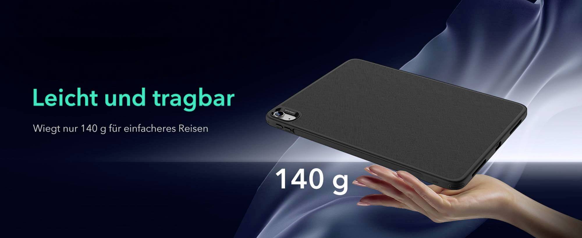 'Leggero e portatile' sta scritto in testo verde. Un tablet grigio è poggiato su una mano. Peso: 140 g. Testo: 'Pesa solo 140 g per viaggiare più facilmente'.