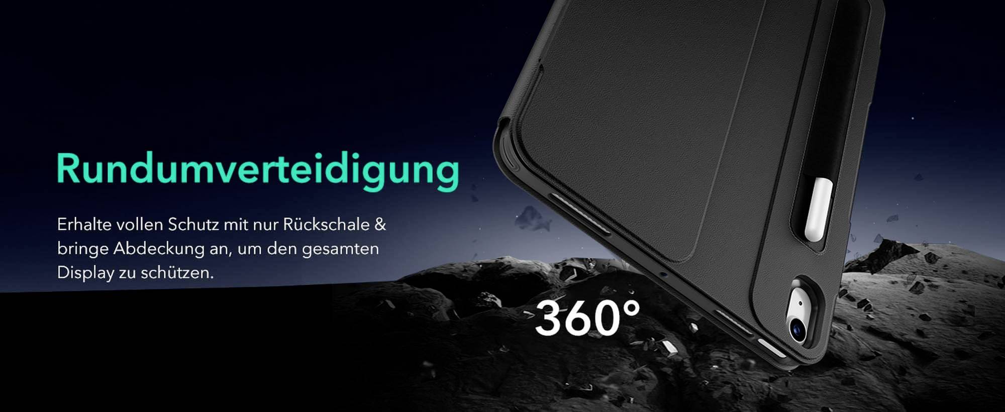 'Difesa a 360 gradi' in verde su sfondo nero. Design di custodia per smartphone nero, protegge completamente il telefono. Testo: 'Ottieni protezione completa con solo retro cover e applica la protezione per coprire l'intero display.'