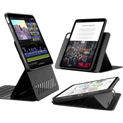 Tre tablet in custodie che modificano video, visualizzano testo e disegnano diagrammi. Mostrano versatilità in ambienti di lavoro.