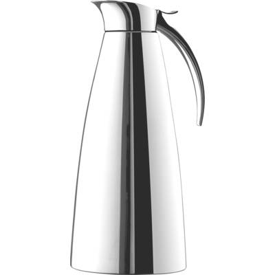 Thermos argentato dal design elegante e slanciato, con manico curvo. Ideale per bevande calde o fredde.