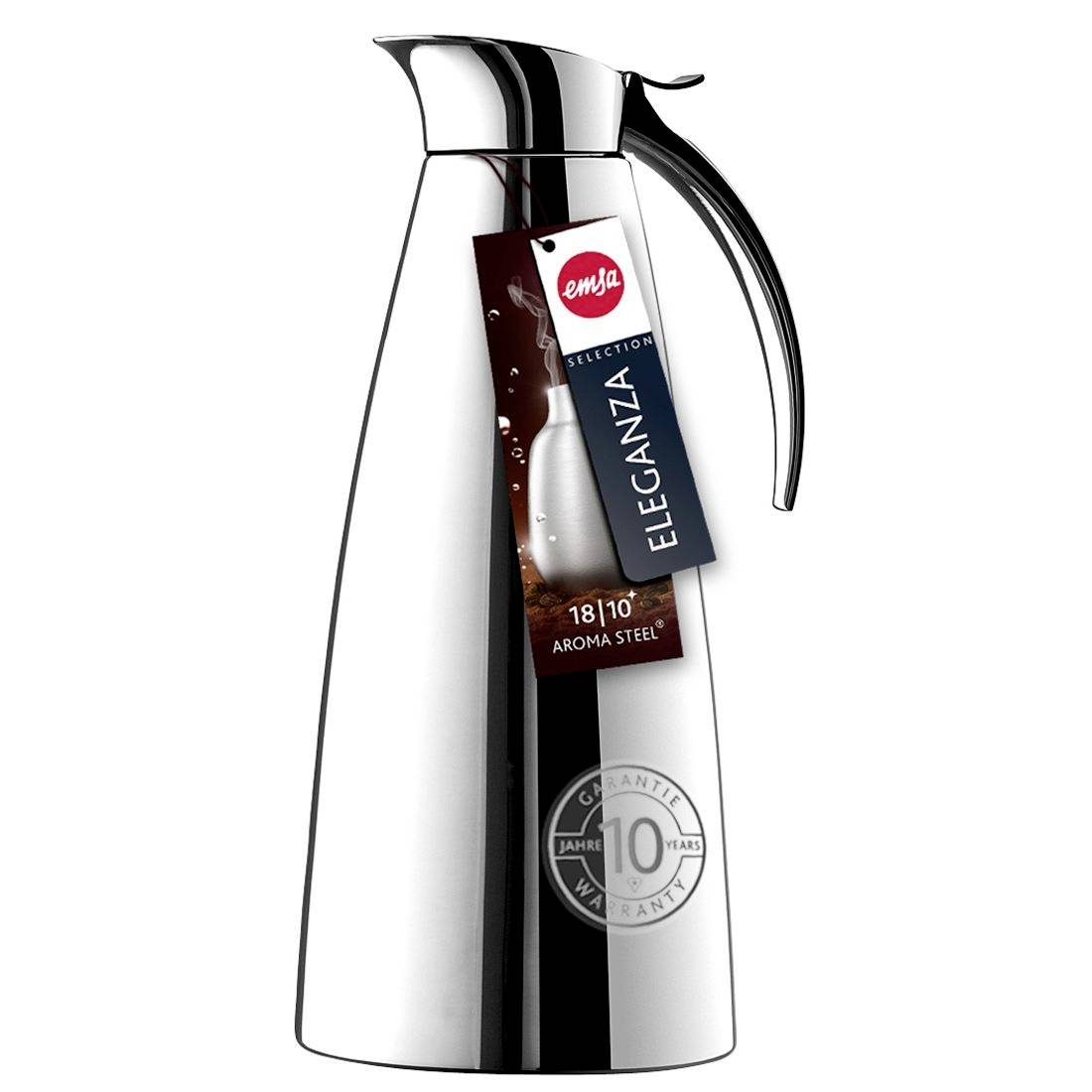 Caraffa termica in argento con manico nero. L'etichetta 'ELEGANZA' mostra 10 anni di garanzia e materiale in acciaio inossidabile 18/10.