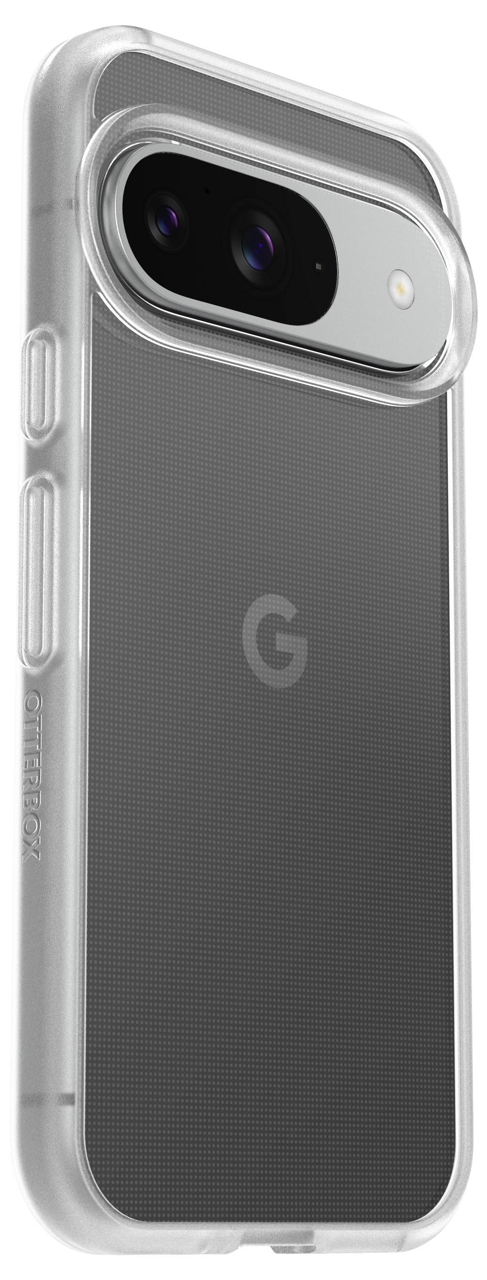 Una cover trasparente per smartphone con un modulo fotocamera distintivo sul retro. La scocca mostra il logo 'G'.