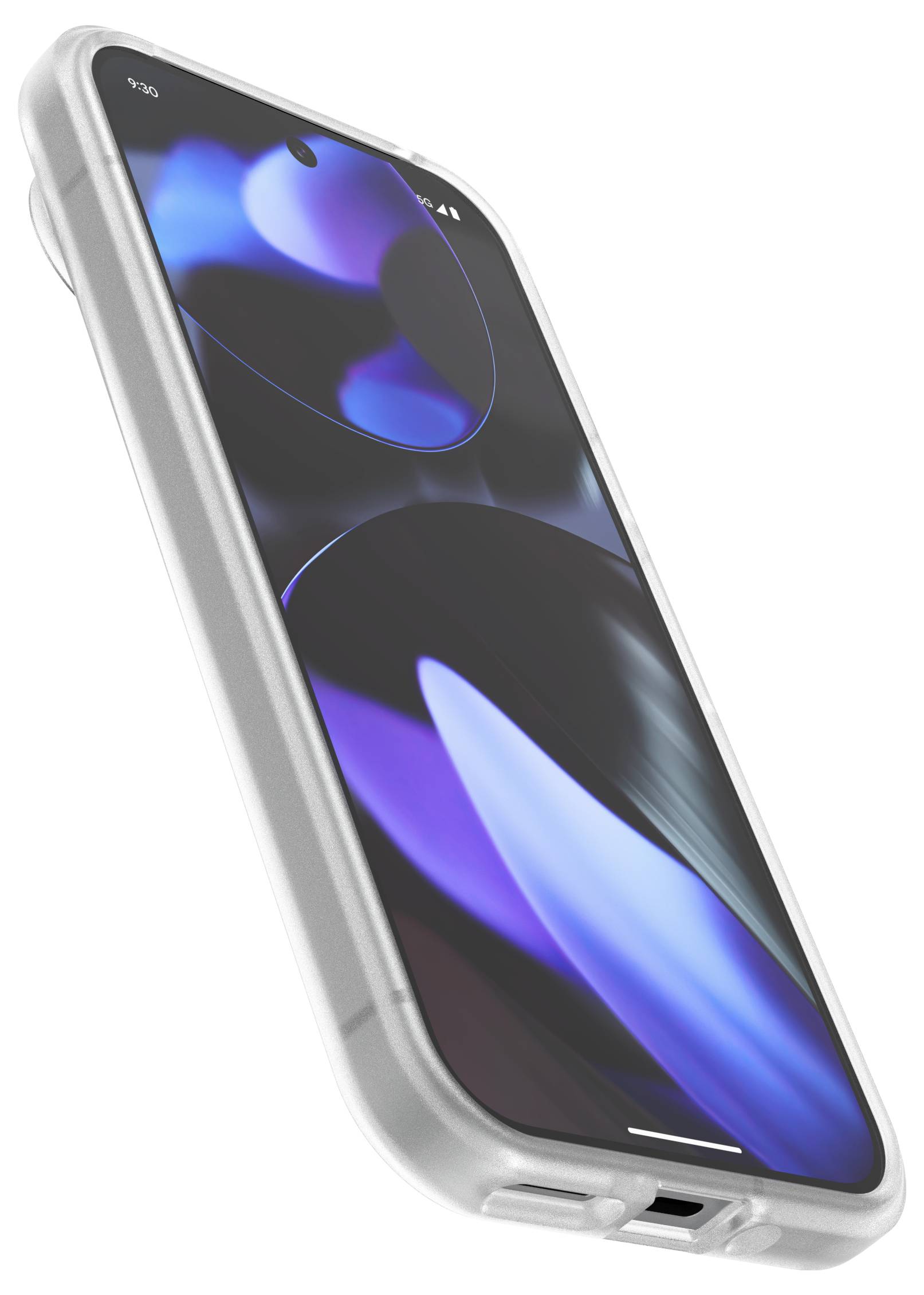 Smartphone con custodia protettiva trasparente; il display mostra un'astrazione blu-viola. La vista laterale evidenzia lo spessore del dispositivo e il design del display.