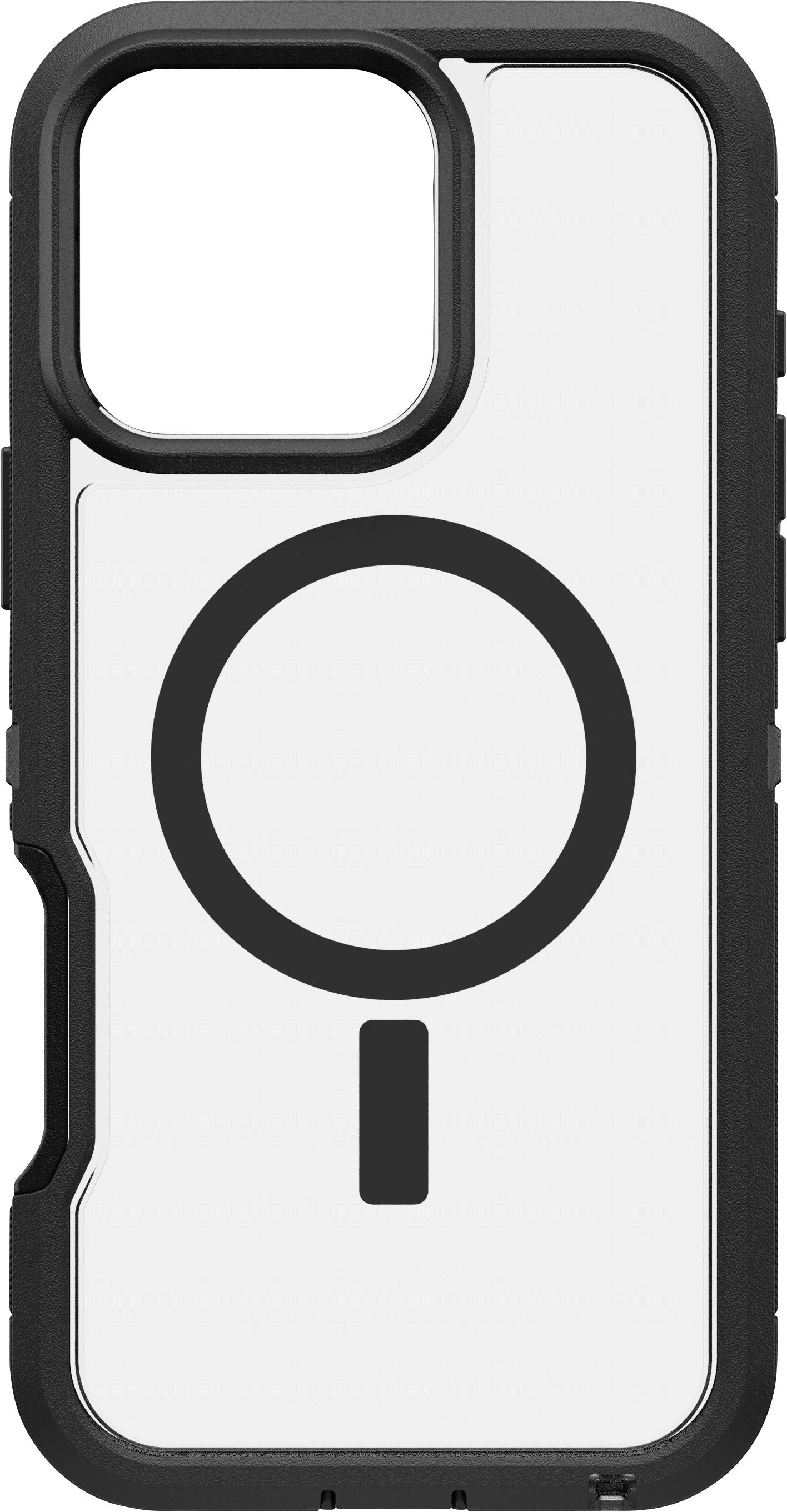 Custodia per smartphone trasparente con bordo nero e grande simbolo di lente d'ingrandimento centrale.