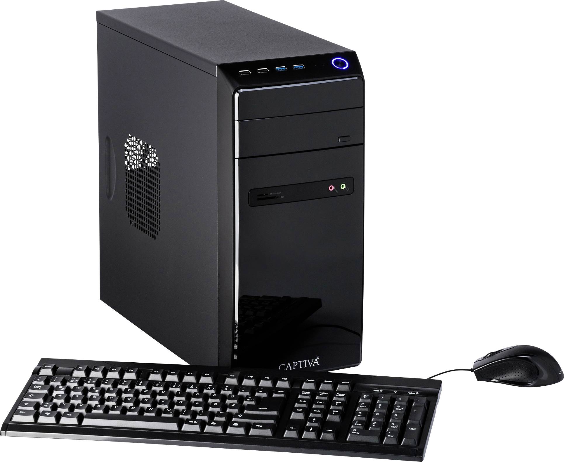 'Computer desktop nero con tastiera e mouse; mostra una configurazione standard di PC per ufficio o casa.'