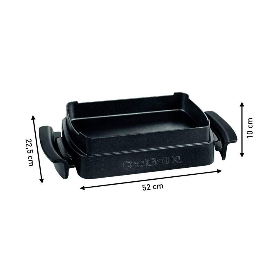 Padella per grigliare rettangolare con dimensioni 52 cm x 22,5 cm x 10 cm, contrassegnata con 'OptiGrill XL', dotata di due manici sui lati.