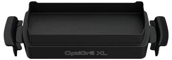 Un grill nero OptiGrill XL con manici su entrambi i lati, adatto per cucinare grandi quantità di cibo.