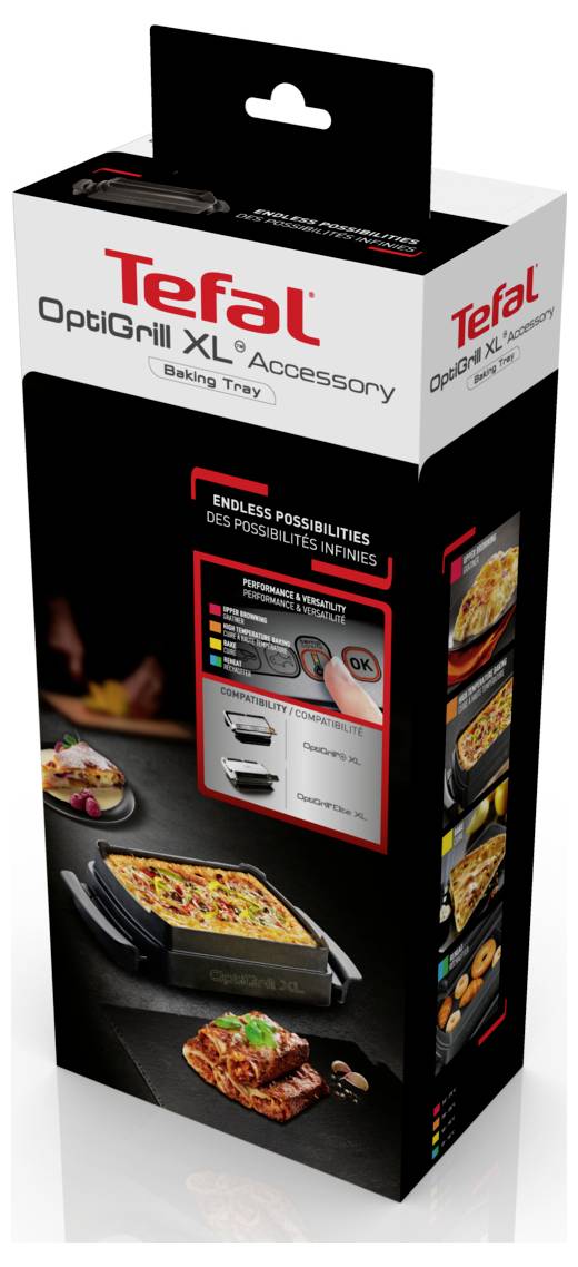 Confezione dell'accessorio Teglia per Tefal OptiGrill XL. Mostra immagini della teglia con pizza e carne alla griglia. Testo: 'Possibilità infinite'.