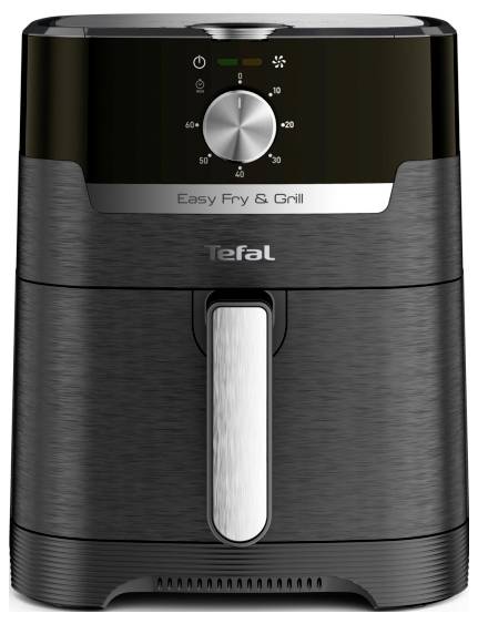Friggitrice ad aria calda nera con manopola di controllo e display per temperature da 80-200 gradi. Scritta 'Easy Fry & Grill' sul lato frontale.