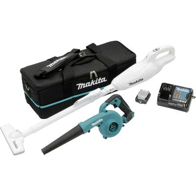 Kit aspirapolvere Makita con aspirapolvere portatile, borsa per il trasporto, batteria e caricabatterie, in colore bianco e turchese.