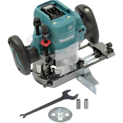 Fresatrice superiore Makita con due impugnature, regolazione della profondità, con utensili e accessori inclusi, adatta per lavorazioni del legno precise.