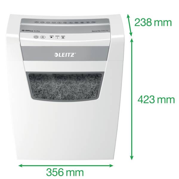 Distruggidocumenti Leitz, superficie argento e bianca, dimensioni: larghezza 238 mm, altezza 423 mm, profondità 356 mm.