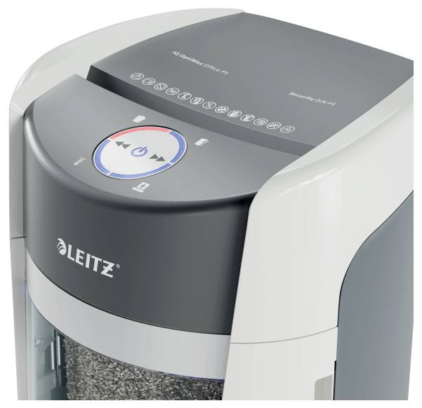 Un distruggidocumenti Leitz, modello IQ Office P4. Corpo grigio e bianco, con pulsanti di controllo sulla parte superiore.