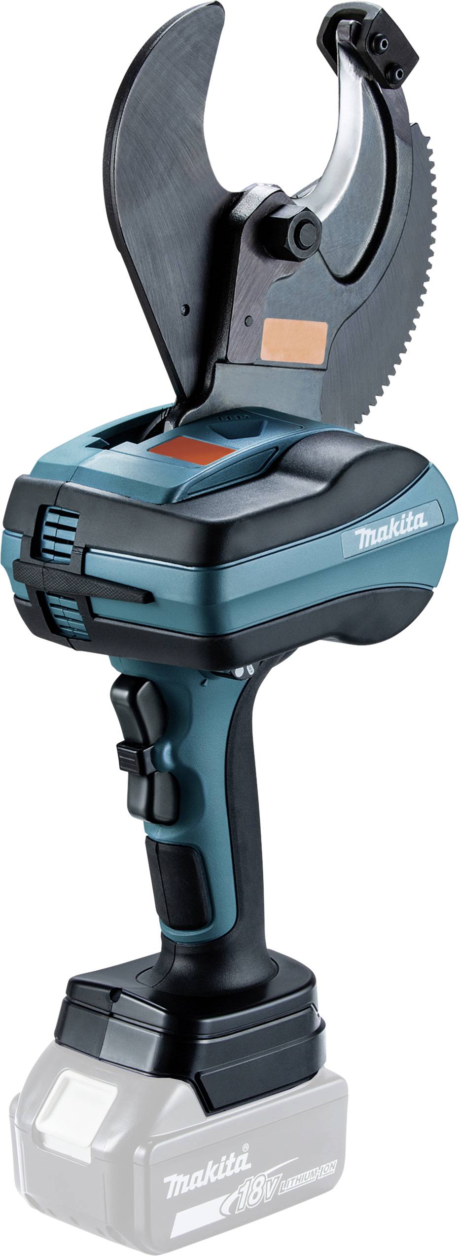 Tagliacavi a batteria con testa di taglio aperta, impugnatura ergonomica e batteria agli ioni di litio inserita, adatto per lavori di cablaggio.