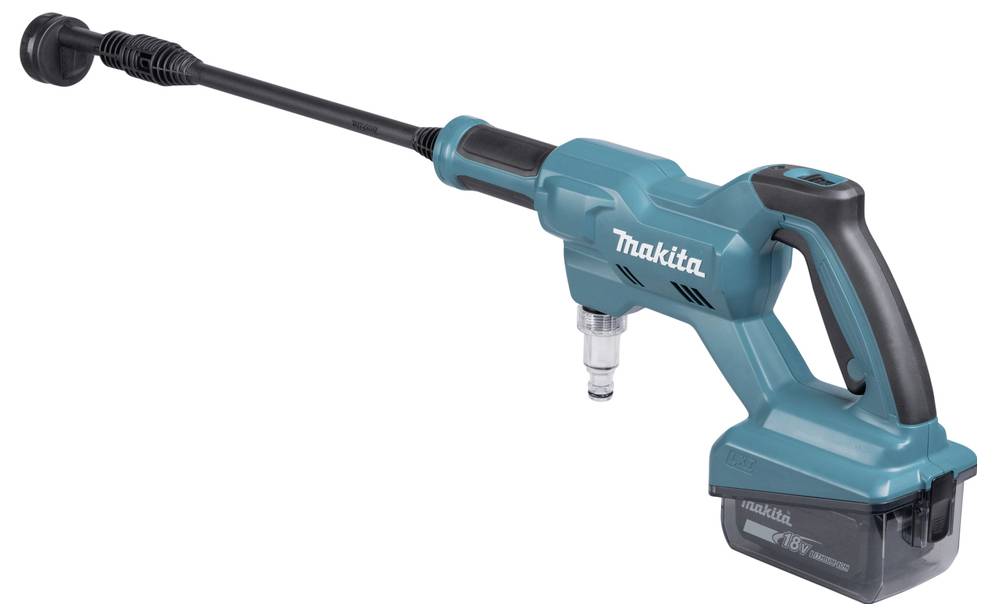 Idropulitrice a batteria in blu con lancia di spruzzo lunga e impugnatura ergonomica, adatta per svariate applicazioni di pulizia all'aperto.