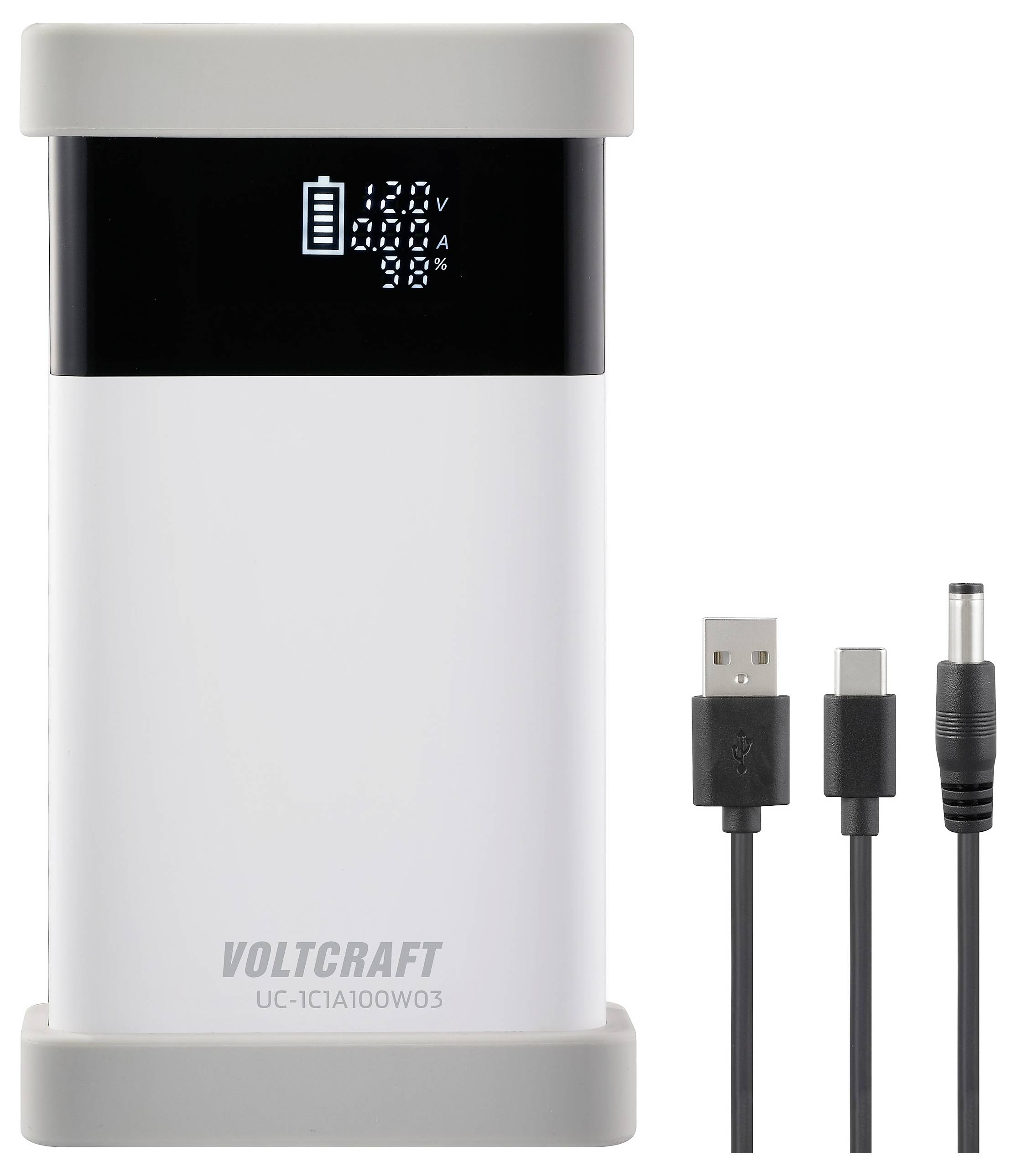 Una power bank portatile con display digitale che mostra lo stato di carica. Include cavi di ricarica USB e DC.