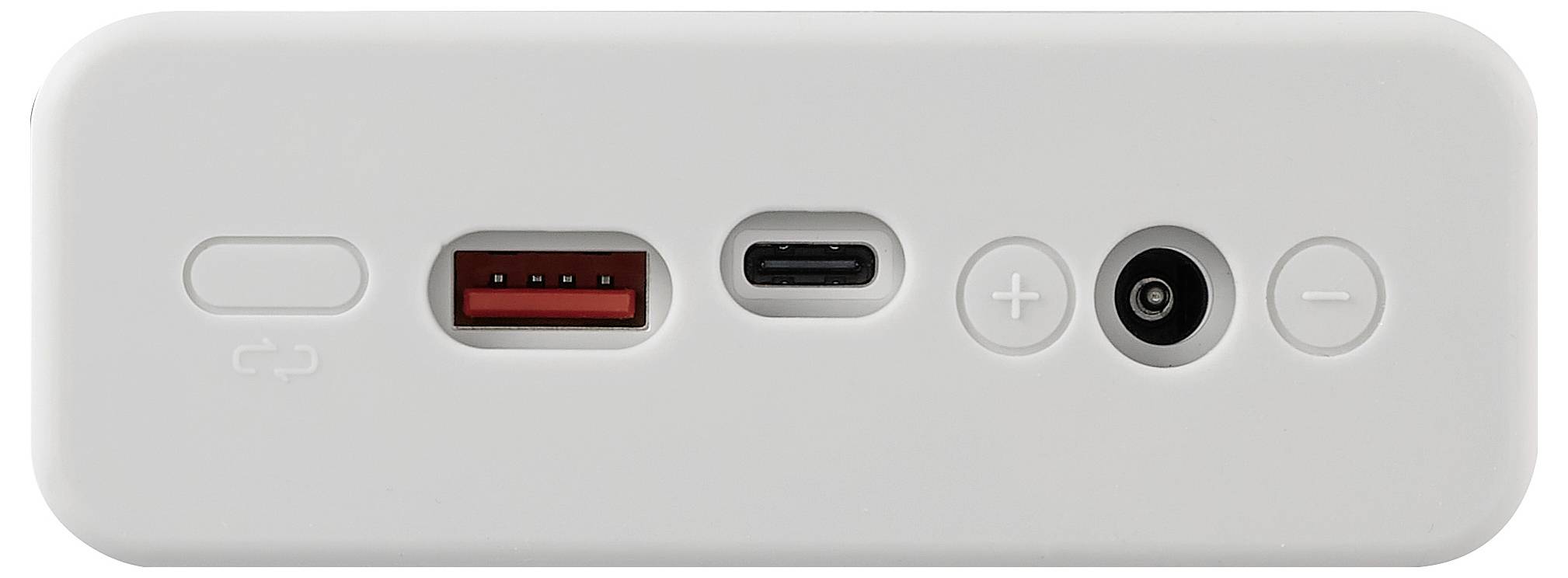 Retro di un dispositivo elettronico con una porta USB, una porta USB-C, un ingresso di rete e due pulsanti.