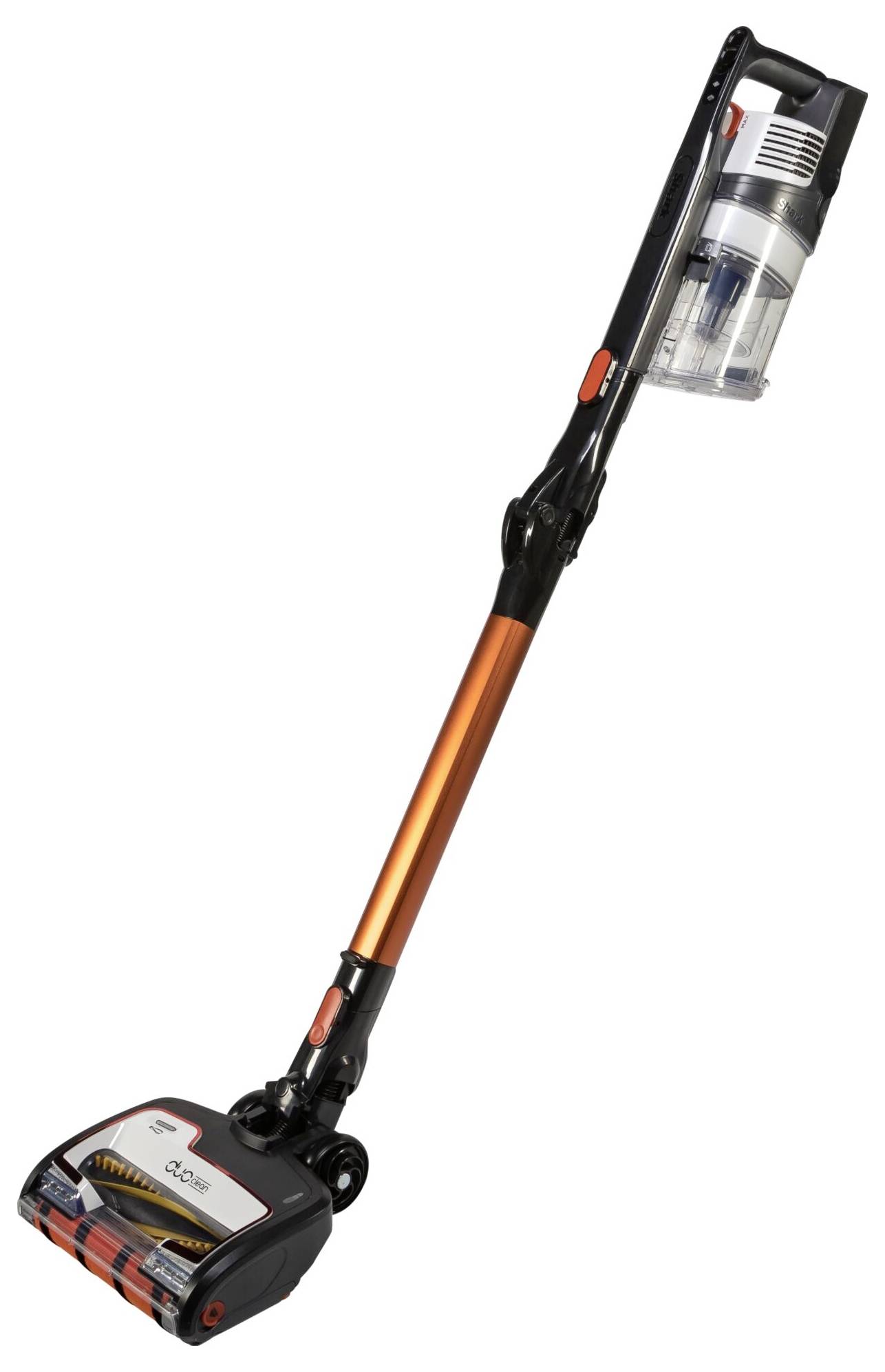 Un aspirapolvere wireless arancione con un contenitore della polvere trasparente e una spazzola rotante sul fondo.