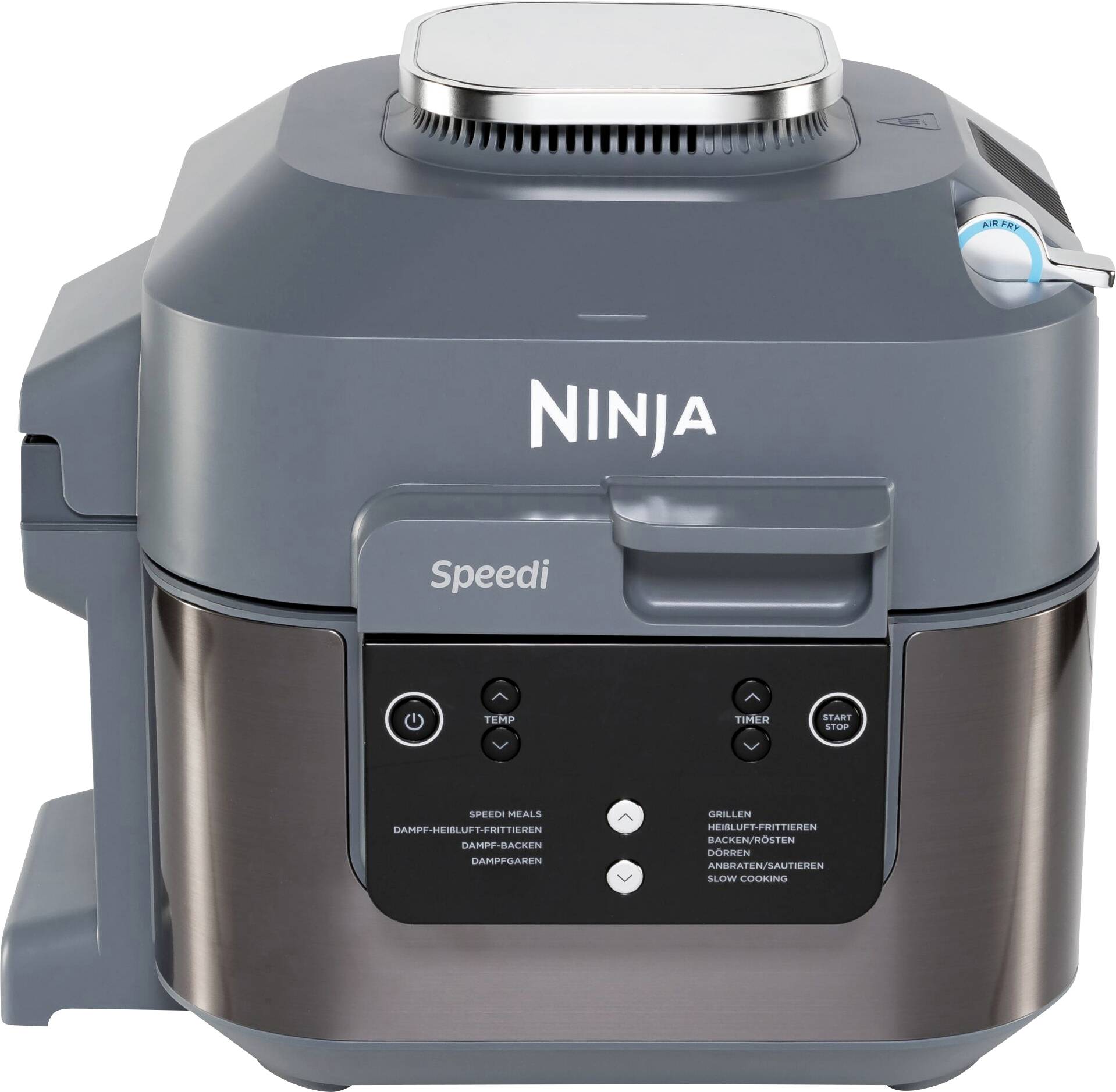 Dispositivo da cucina multifunzionale con etichetta 'Ninja Speedi', pannello di controllo integrato con tasti per diversi modalità di cottura e regolazione del tempo.