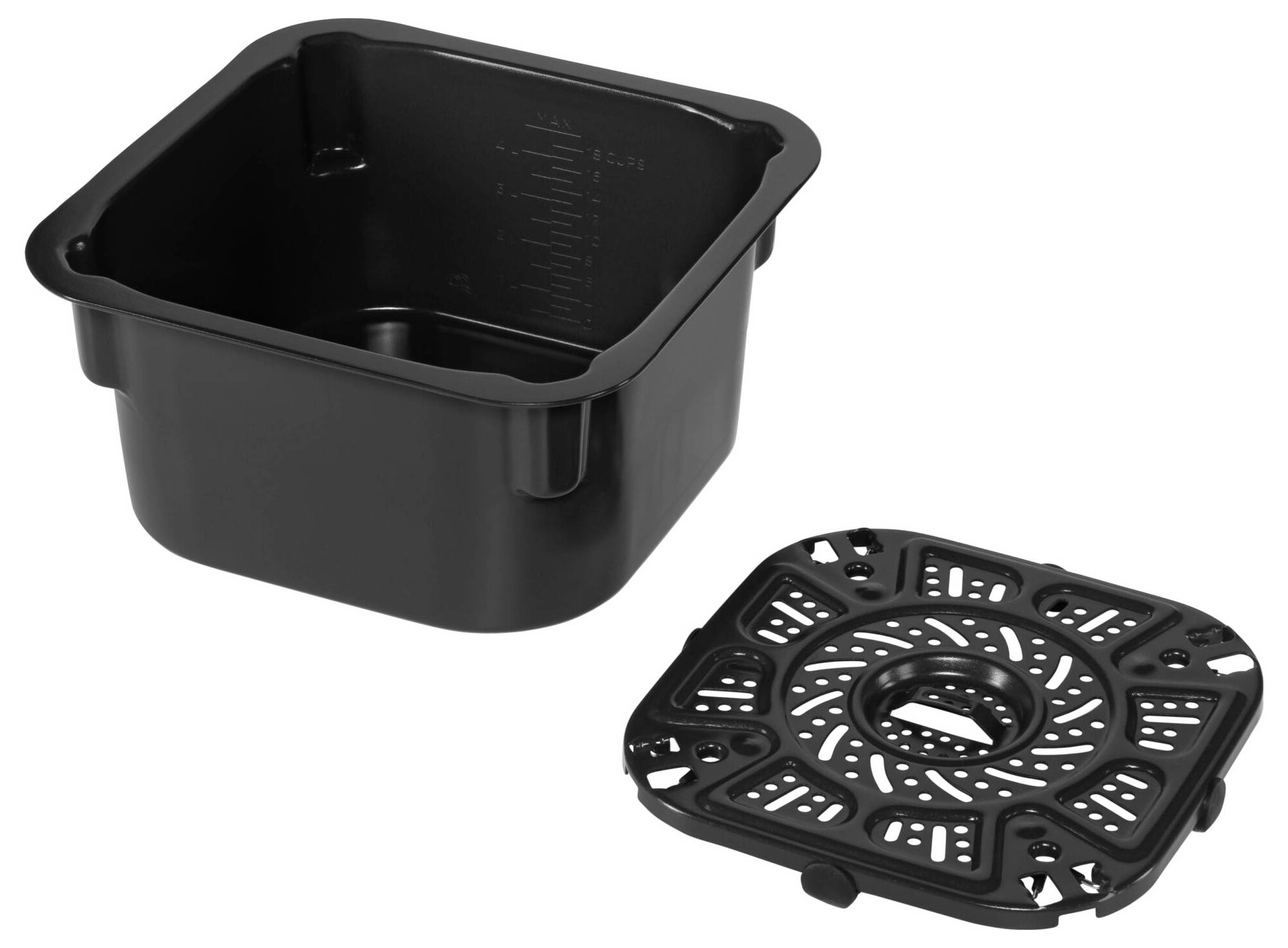 Ciotola nera in plastica con indicazioni di misura all'interno, accanto a un coperchio corrispondente con fori di aerazione.