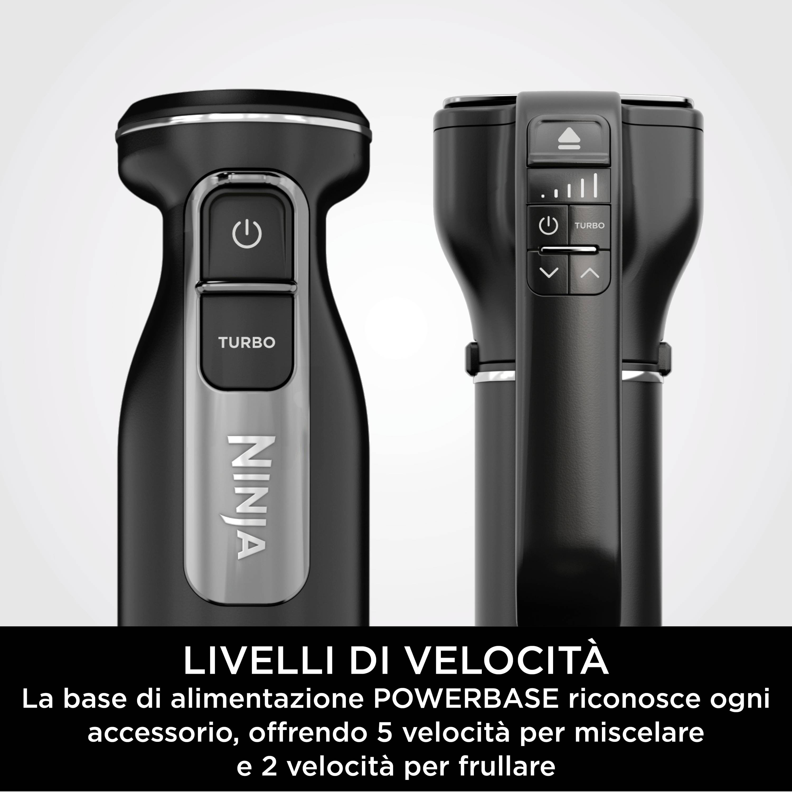 Due viste di un frullatore a immersione. A sinistra con tasto TURBO, a destra mostrati il livello Turbo e 5 impostazioni di velocità.