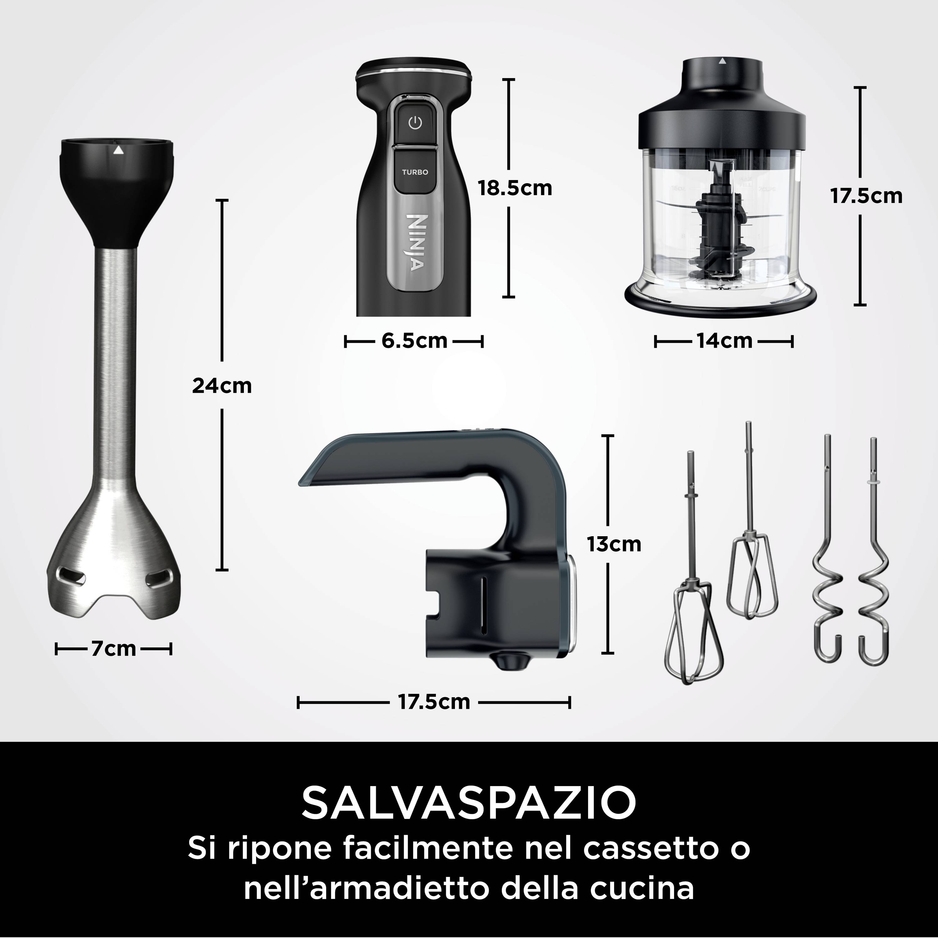 'Frullatore a immersione in cinque parti: accessorio per frullare, motore, tritatutto, frusta, gancio per impastare. Altezza: 24 cm, 18,5 cm, 17,5 cm. Compatto e salvaspazio.'