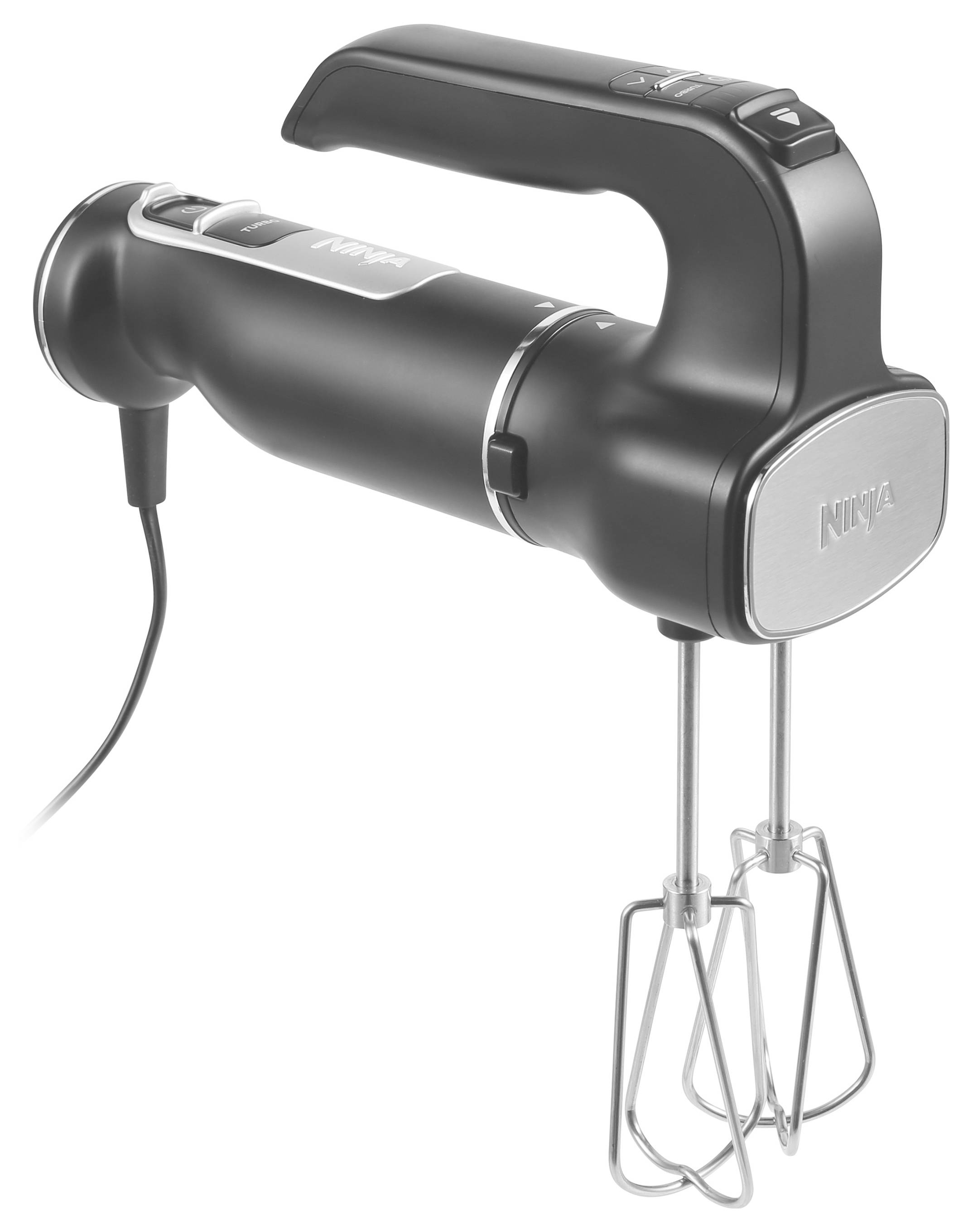 Frullatore elettrico nero con due fruste, cavo di alimentazione e impugnatura ergonomica.