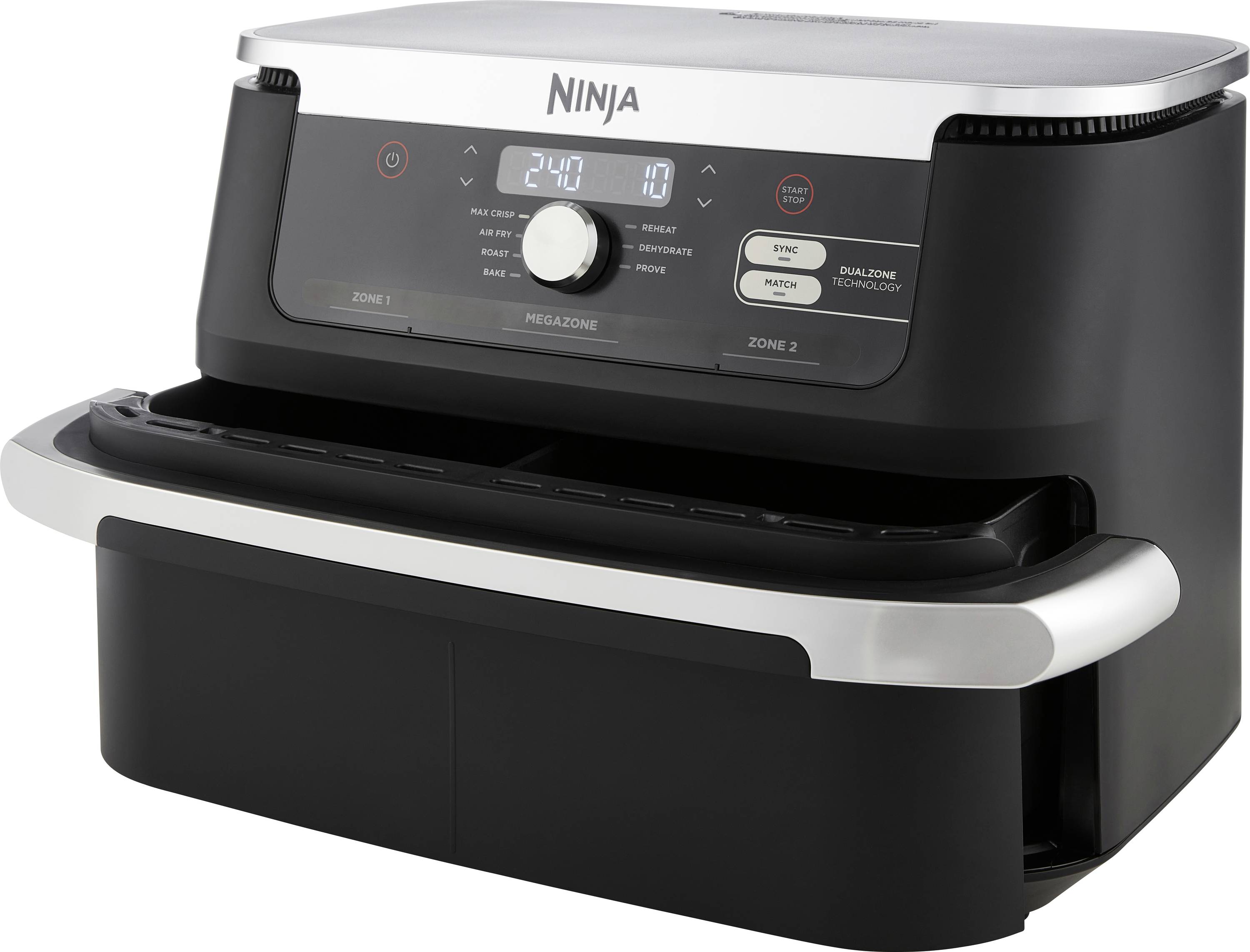 Un airfryer nero, moderno, con due zone e display digitale che mostra diverse impostazioni.