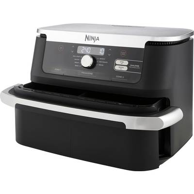Un airfryer nero, moderno, con due zone e display digitale che mostra diverse impostazioni.