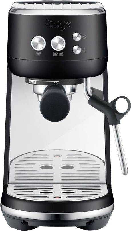 Macchina da caffè espresso compatta di colore nero con tre tasti di controllo e ugello per il vapore, adatta alla preparazione di bevande calde.