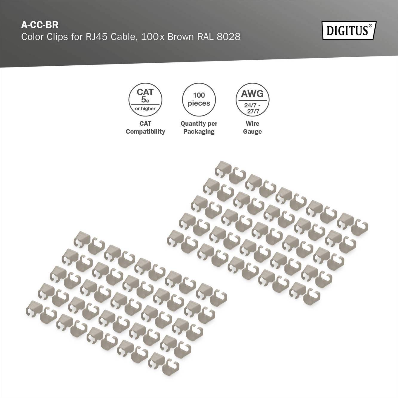'100 Clip per cavi RJ45, marroni, categoria 5e o superiore, AWG 24/1–27/7. Contiene 100 pezzi per confezione. Colore: RAL 8028.'