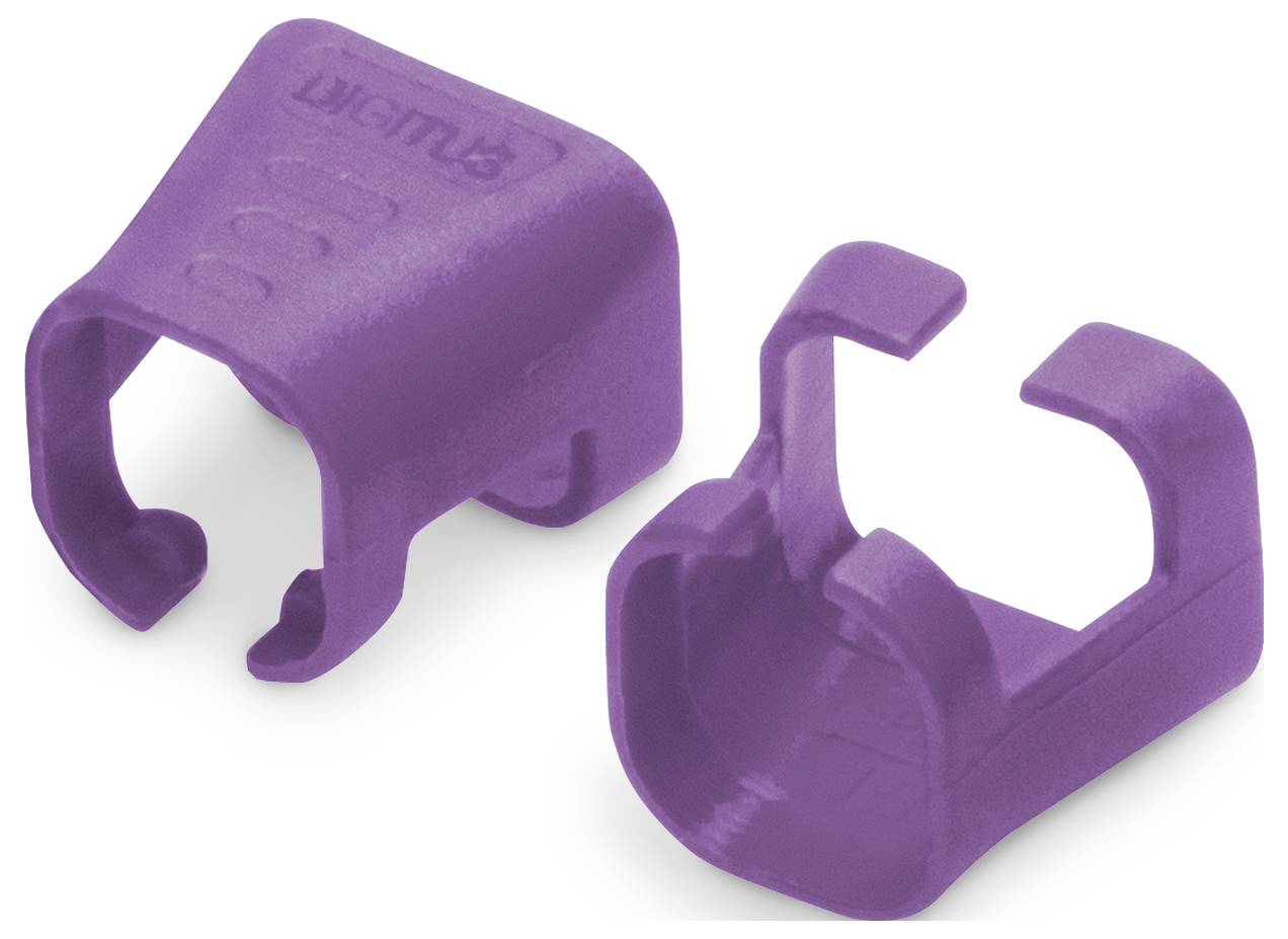 Due cappucci in plastica viola, uno in piedi, uno capovolto, con clip aperte. Servono come cappucci protettivi per cavi o spine.