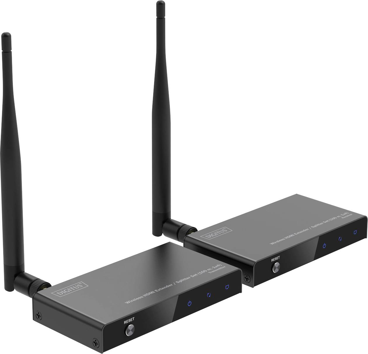 Due trasmettitori HDMI wireless neri con antenne su sfondo bianco, utilizzati per la trasmissione senza fili di segnali HDMI.