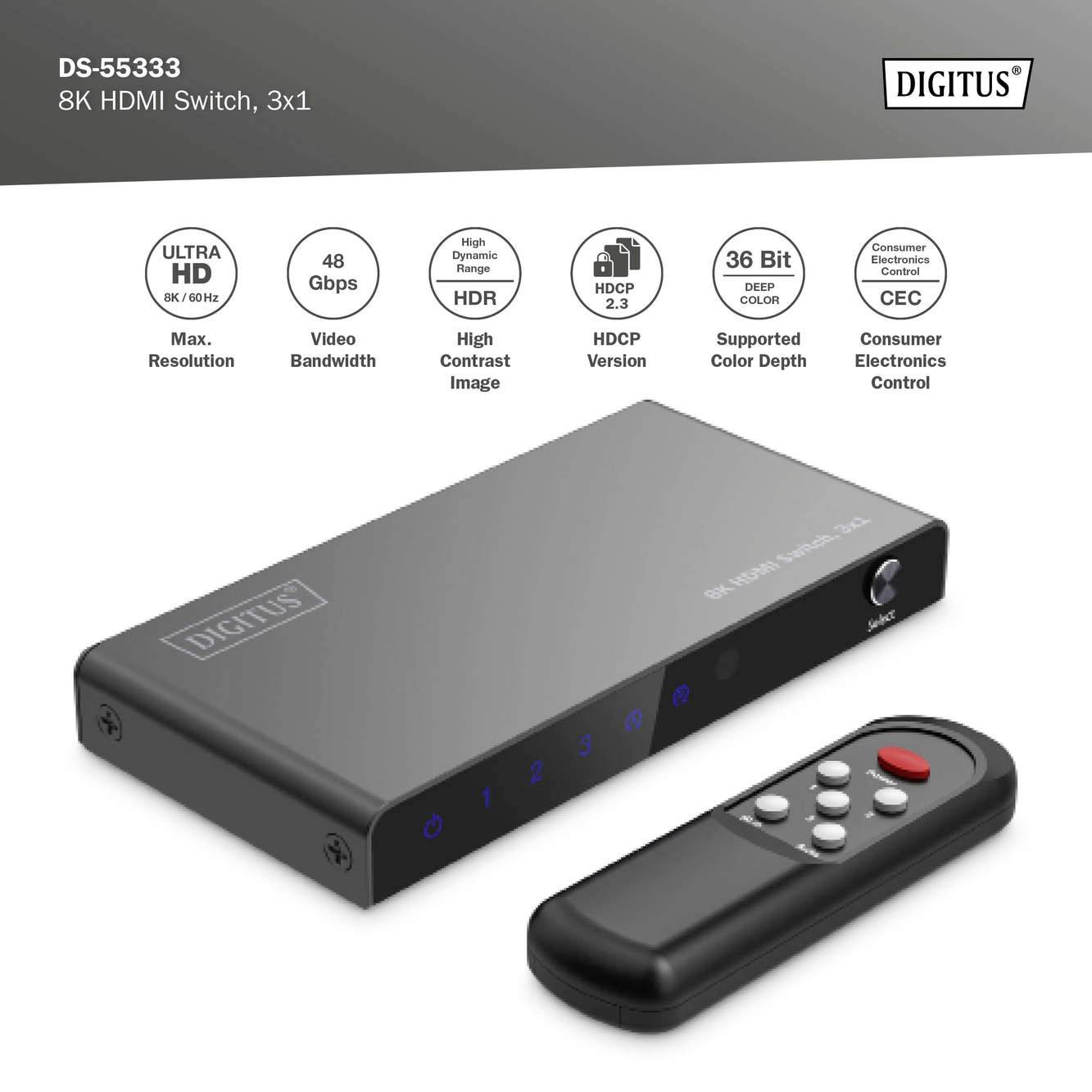 Switch HDMI 8K, 3x1 di Digitus, con telecomando incluso. Supporta Ultra HD, HDR, HDMI 2.1, CEC e pulsanti codificati a colori.