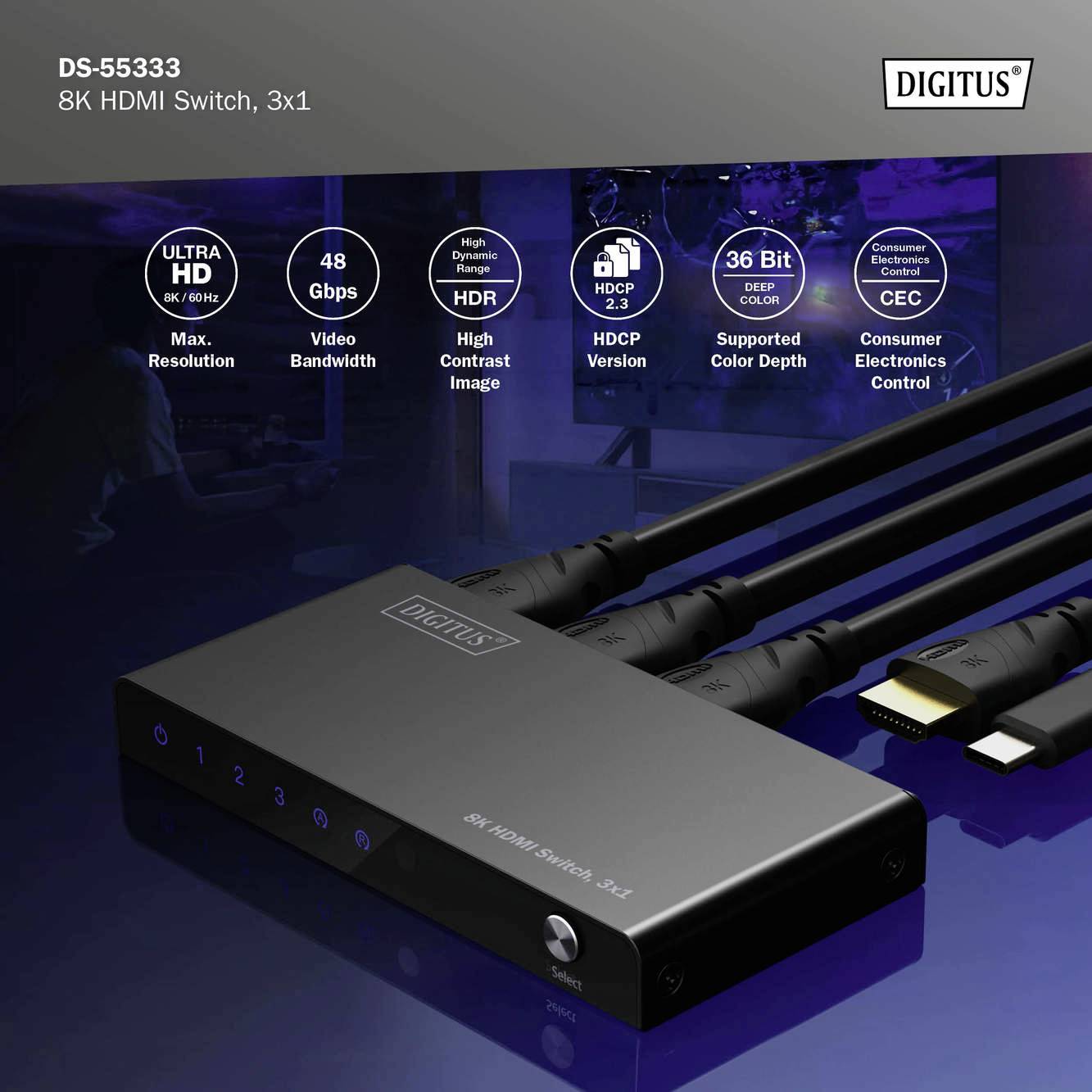 Un interruttore HDMI nero 8K con numero di modello DS-55333. Supporta 8K/60Hz, 48 Gbps, High Dynamic Range (HDR) e CEC.