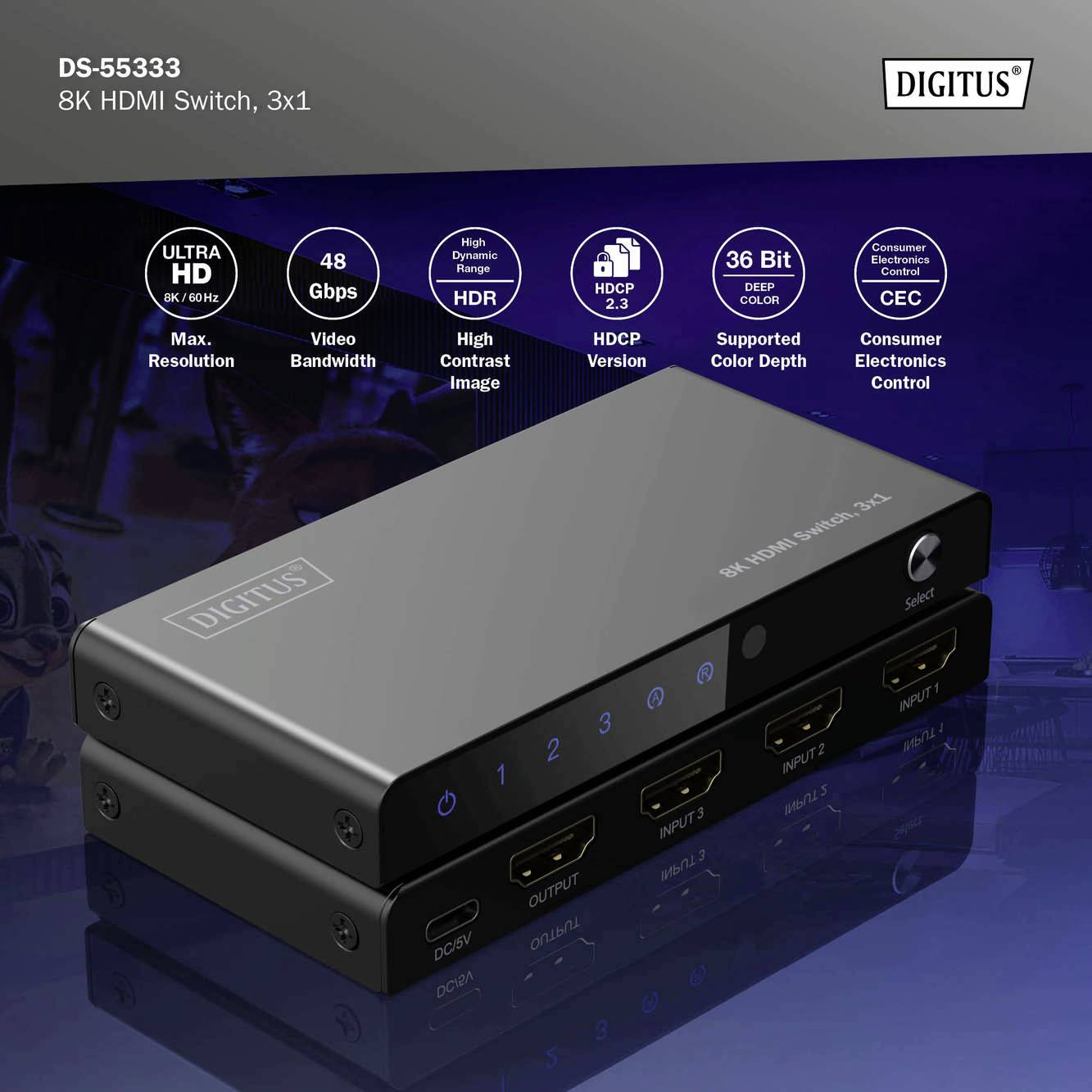 Un commutatore HDMI nero 8K di Digitus con tre ingressi e un'uscita, supporta 48 Gbps, HDR e colori a 36 bit.