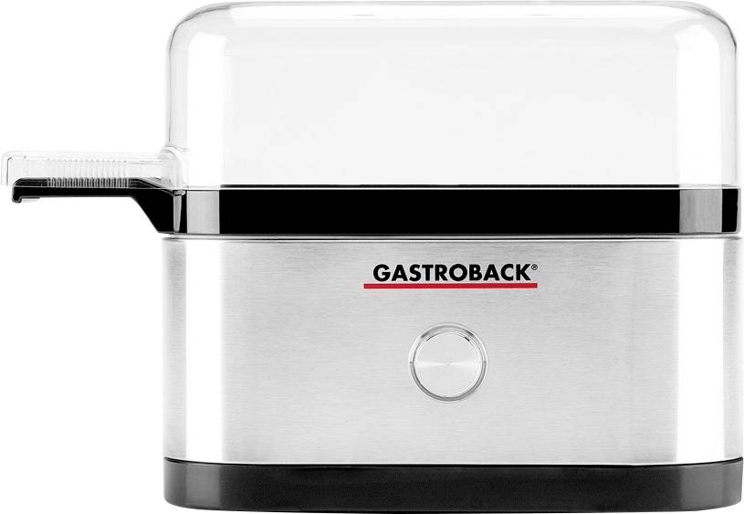 Vaporiera compatta in acciaio inox con coperchio trasparente. Marchio 'GASTROBACK' sulla parte anteriore. Adatta per l'uso in cucina.