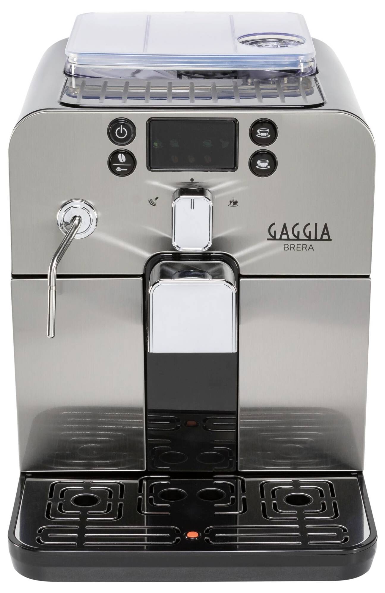 'Macchina per espresso in acciaio inox, con tasti per accensione/spegnimento, espresso e caffè, ugello per schiumare il latte a sinistra, vassoio raccogligocce in basso.'