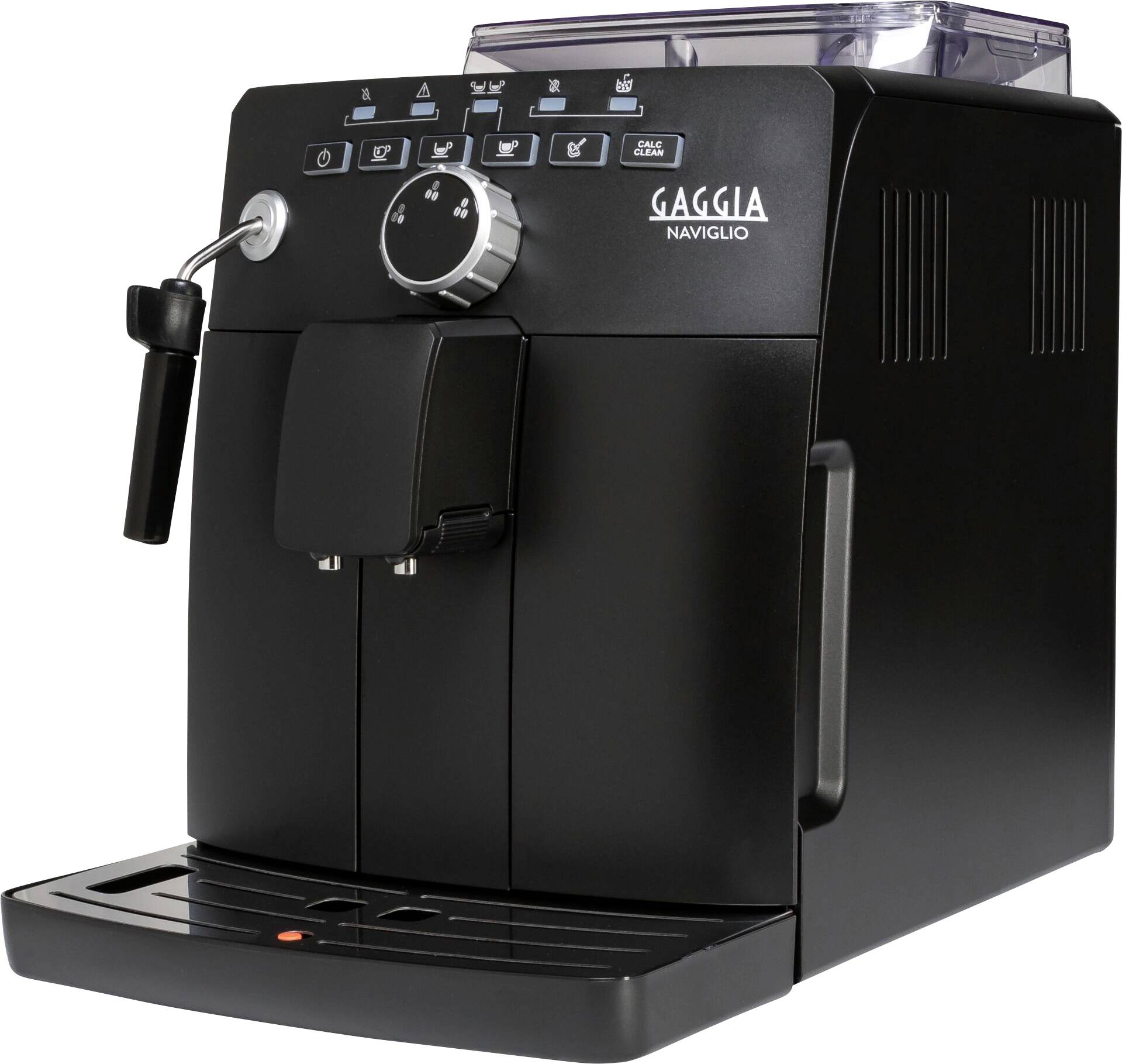 Macchina da caffè automatica nera con logo del marchio, pulsanti per diverse impostazioni e un ugello a vapore sul lato sinistro.