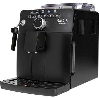 Macchina da caffè automatica nera con logo del marchio, pulsanti per diverse impostazioni e un ugello a vapore sul lato sinistro.