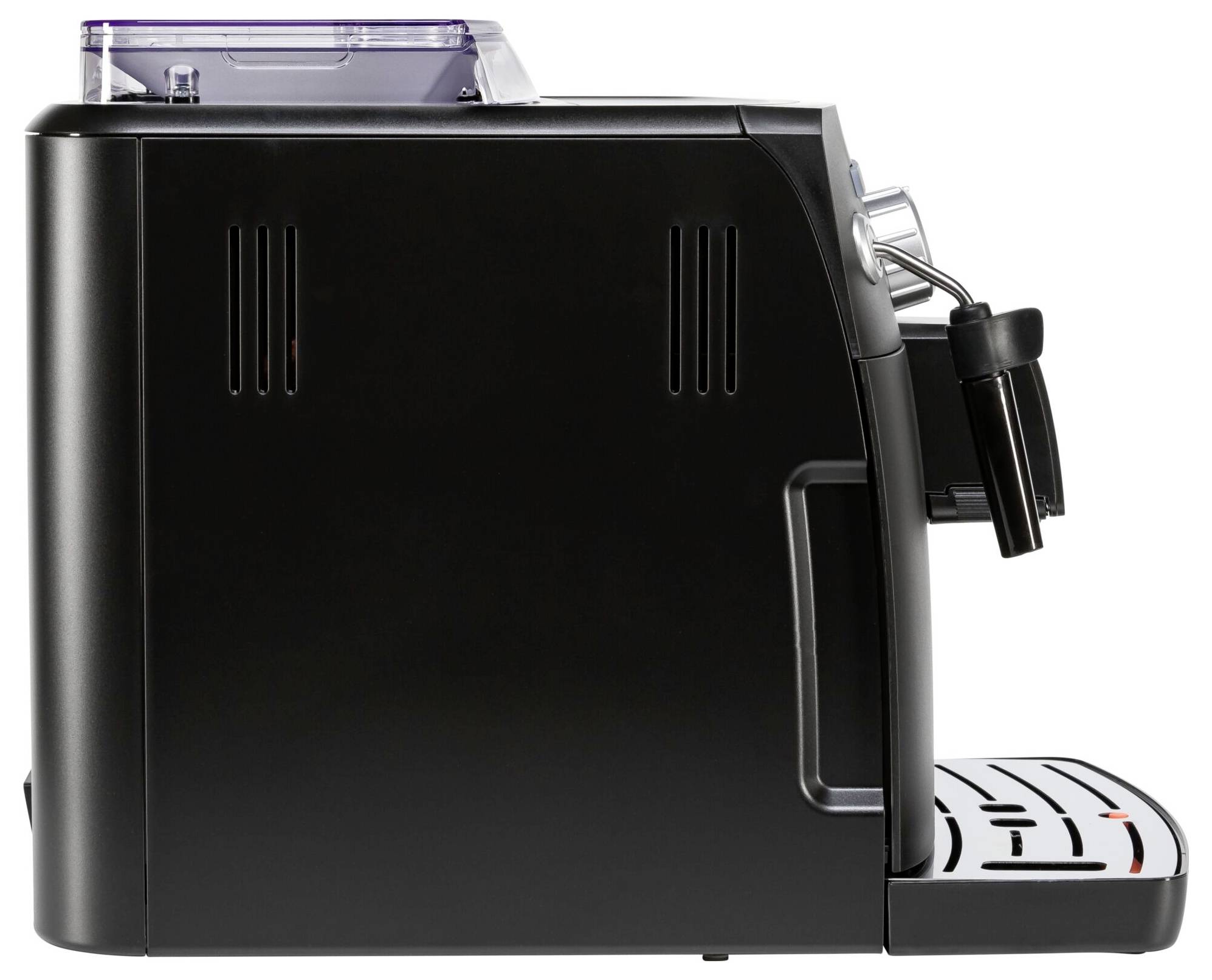 Una macchina per espresso nera vista di lato, con schiumatore a vapore e vassoio raccogli gocce visibili.